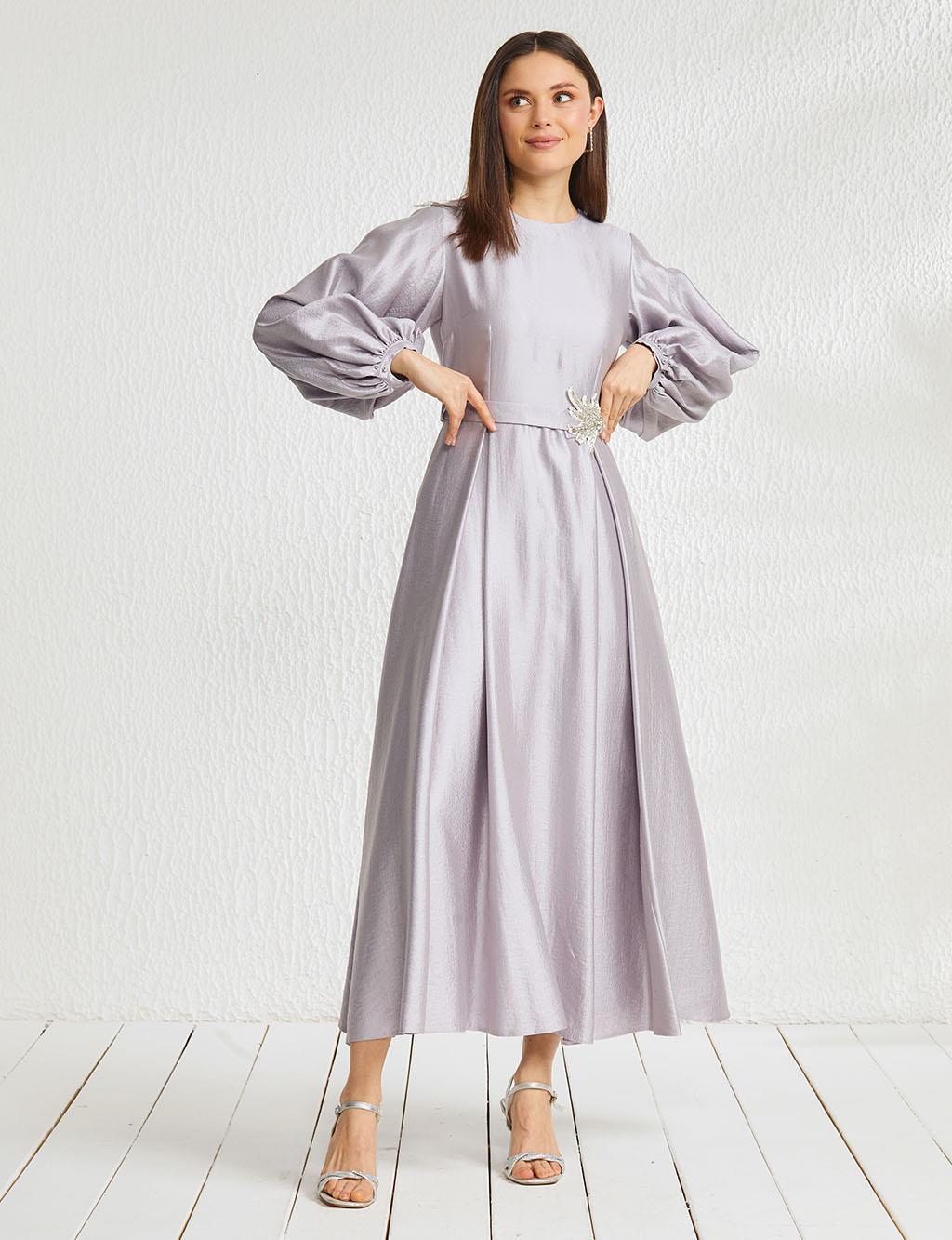 Embroidered Wide Pleated Round Neck Collar Long Dress Lilac