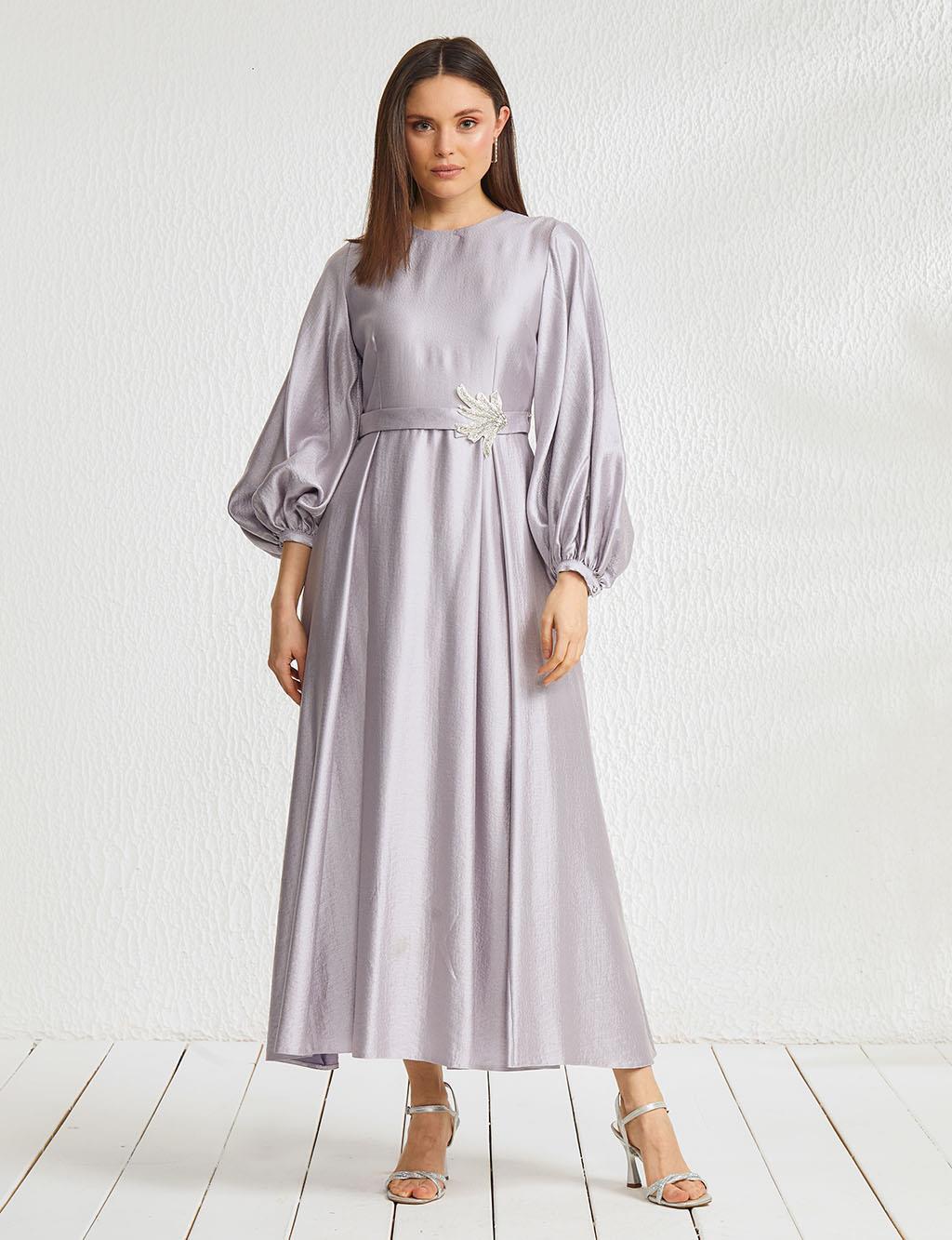 Embroidered Wide Pleated Round Neck Collar Long Dress Lilac