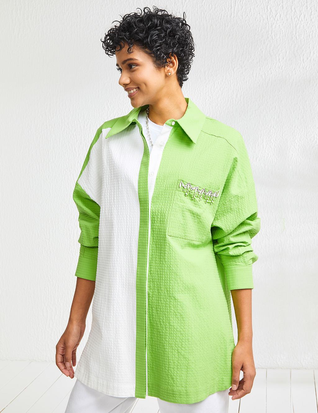 Bead Embroidered Bicolor Tunic Green