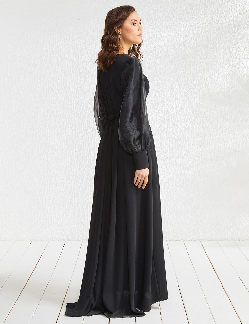 Sleeve Chiffon Layered Maxi Dress Black
