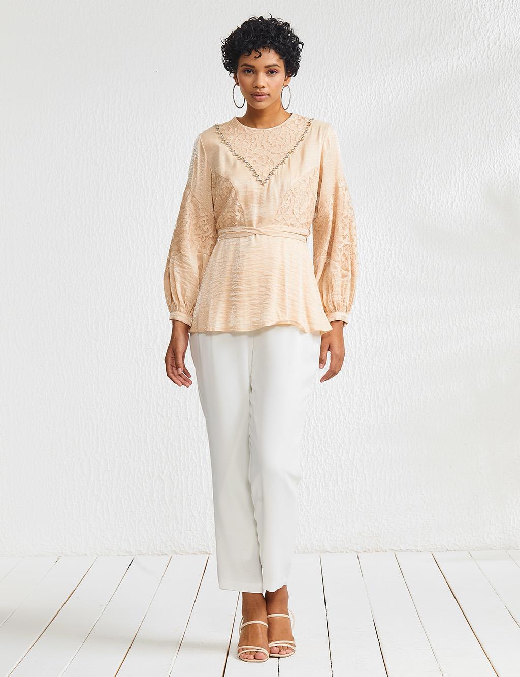 Bead Embroidered Lace Blouse Salmon