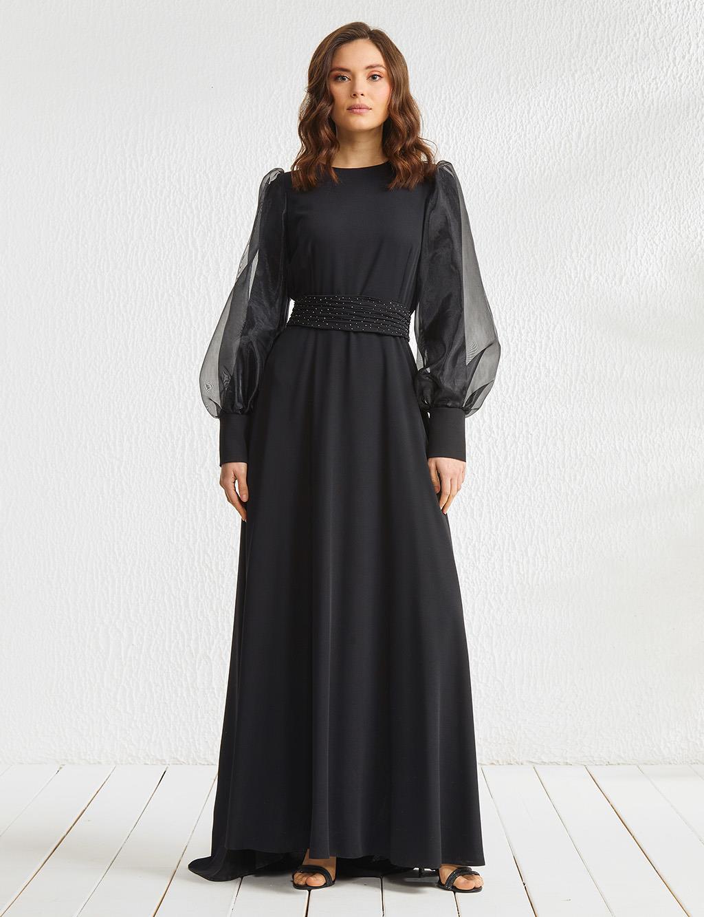 Sleeve Chiffon Layered Maxi Dress Black