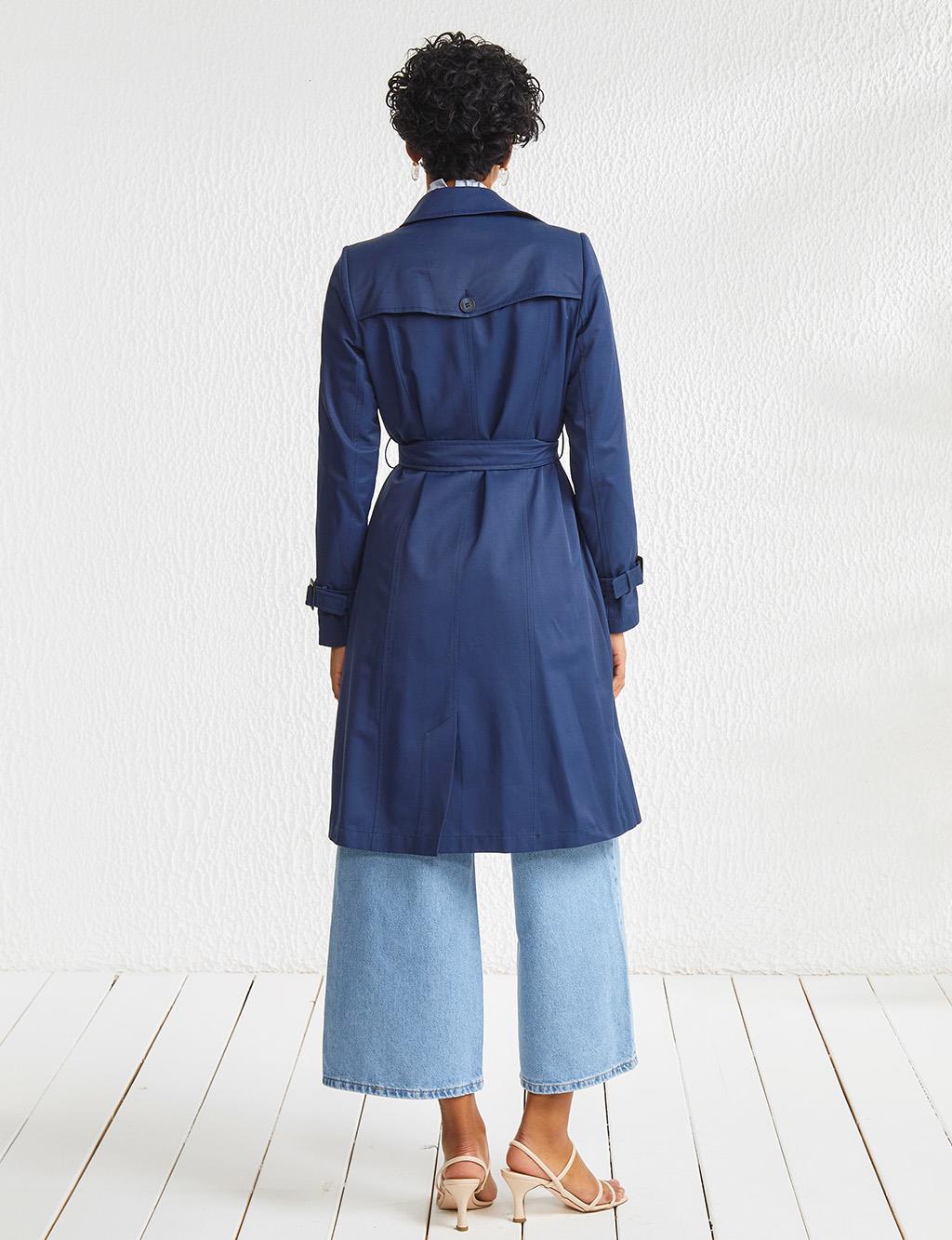 Ankle Epaulette Double Buttoned Trench Coat Navy