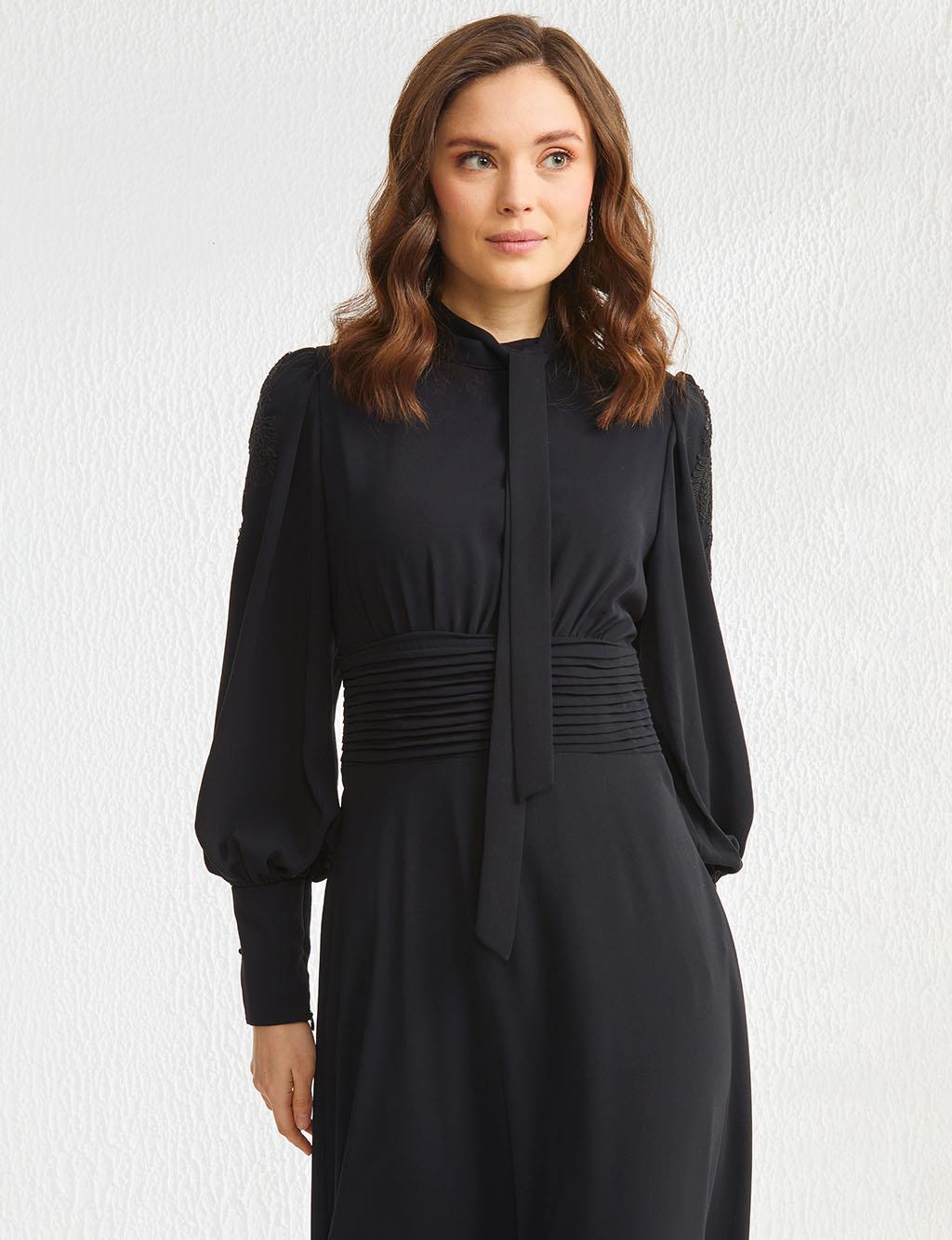 Sleeves Appliqued Pleated Dress Black