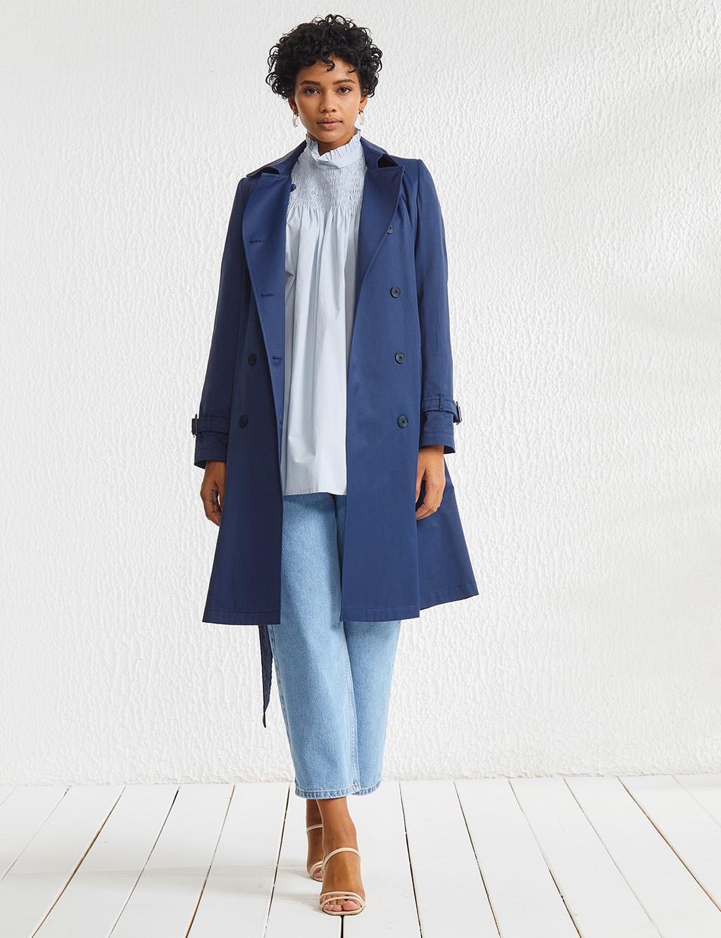 Ankle Epaulette Double Buttoned Trench Coat Navy