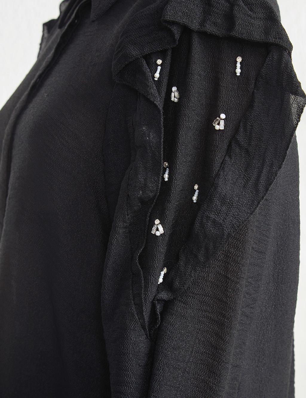 Ruffled Embroidered Sleeves Shirt Black