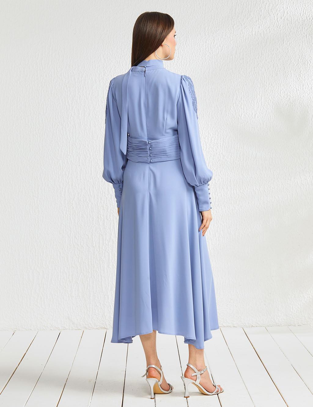 Sleeves Appliqued Pleated Dress Blue