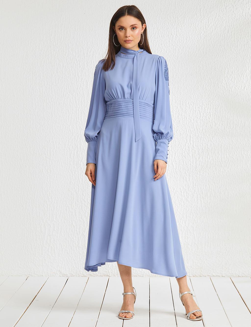 Sleeves Appliqued Pleated Dress Blue