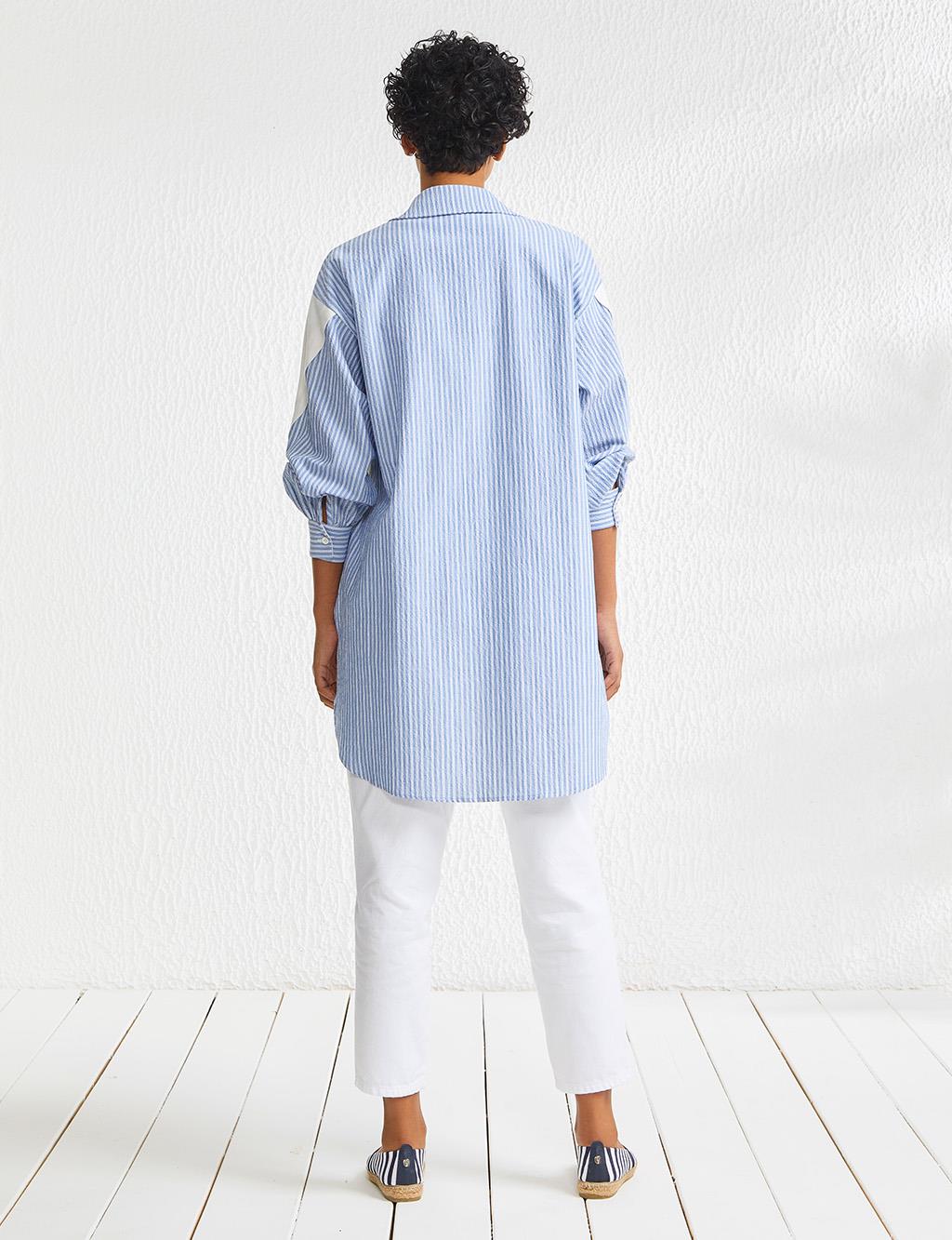 Pieced Print Detailed Tunic White-Blue
