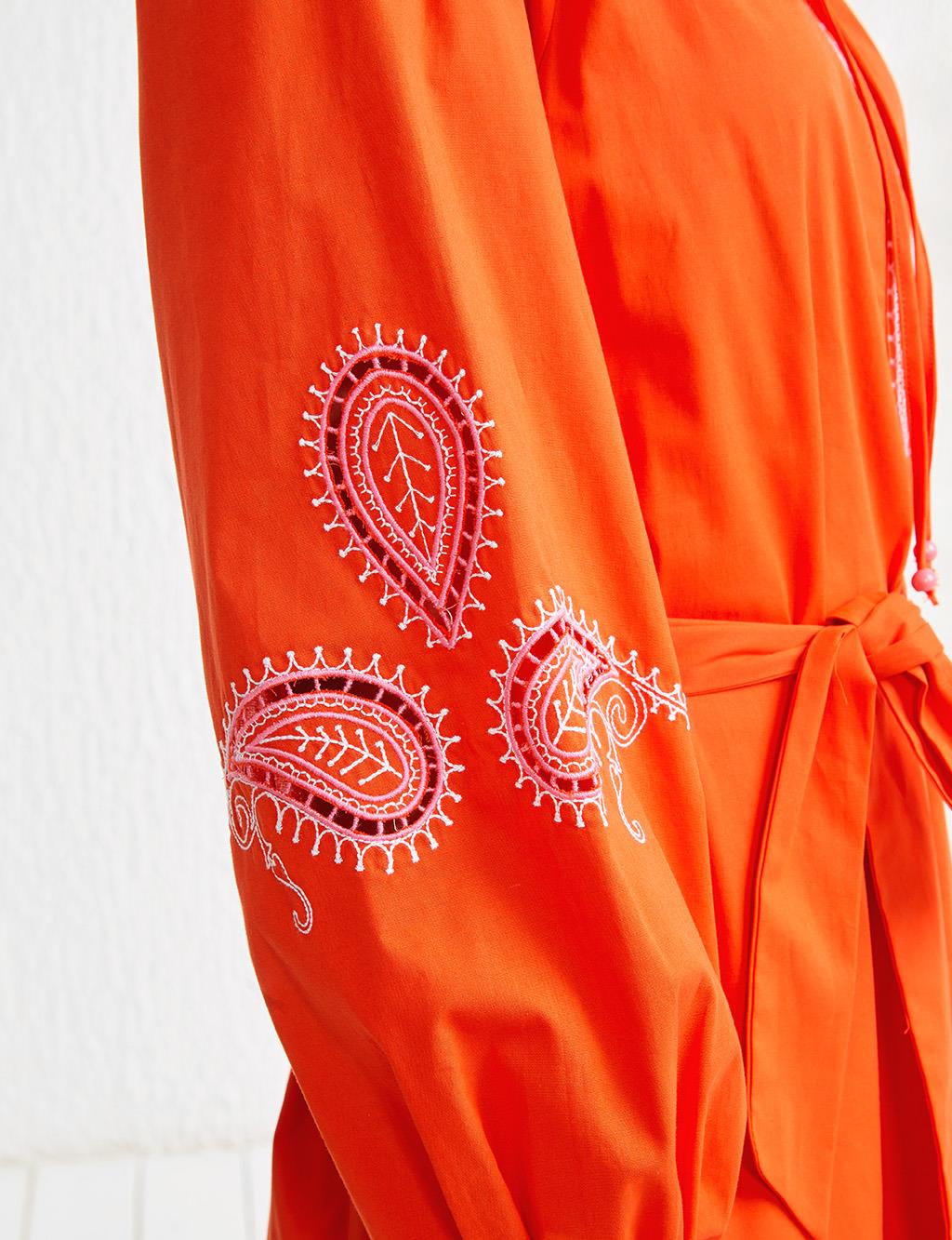 Round Neck Balloon Sleeve Embroidered Dress Scarlet