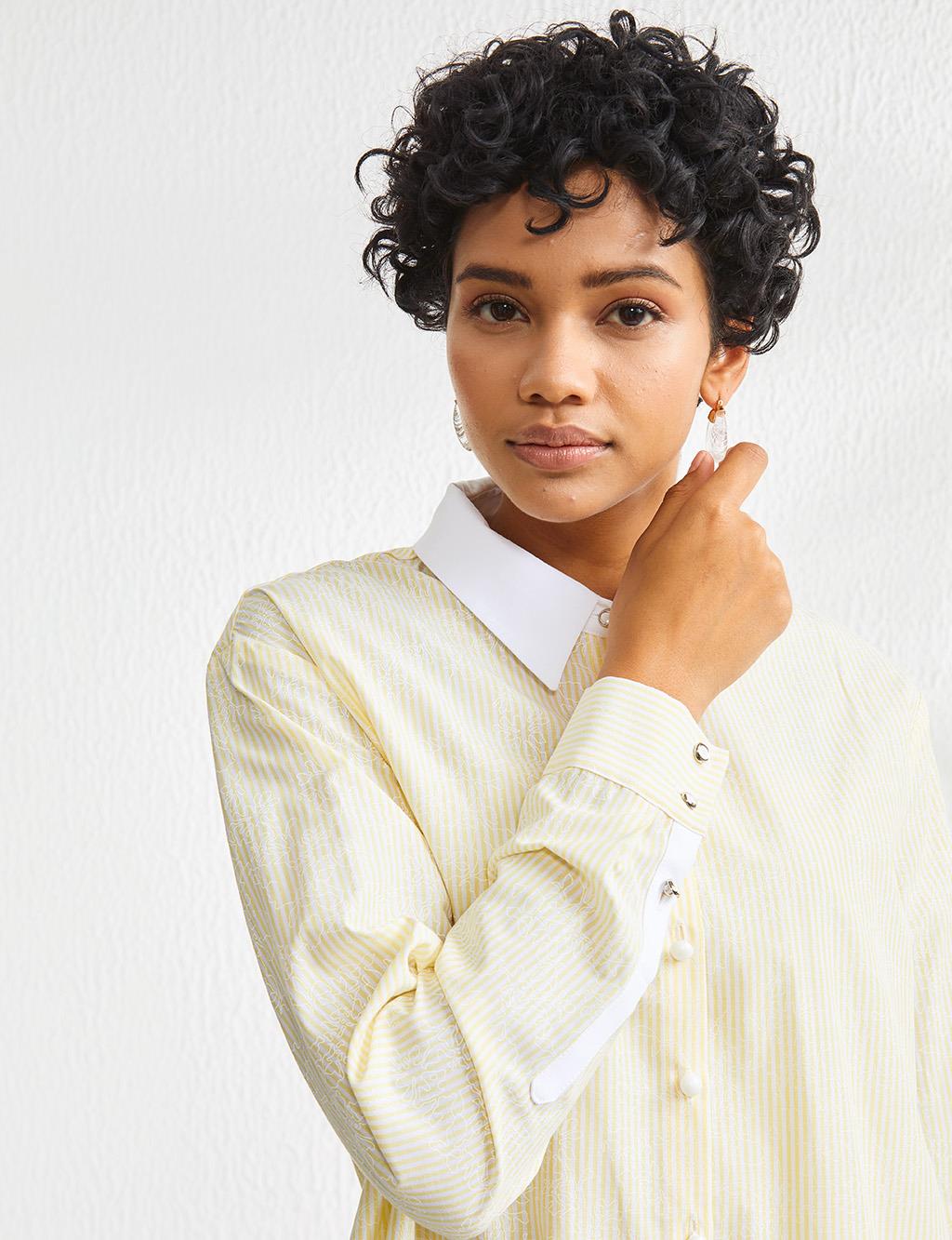 Striped Shirt Collar Tunic Yellow-White
