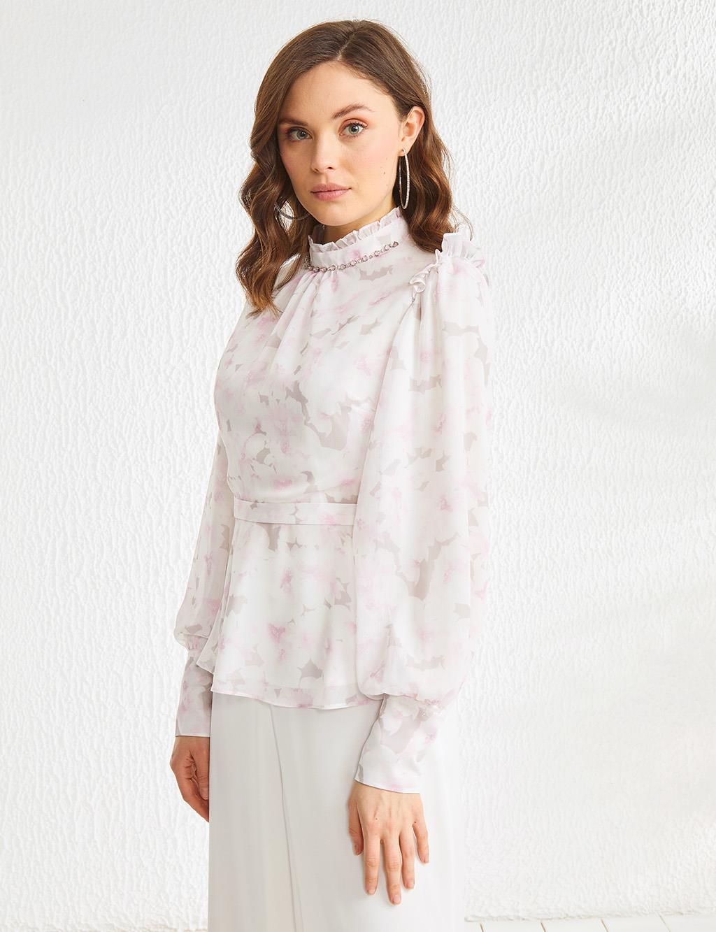 Floral Patterned Pleated Collar Blouse Powder