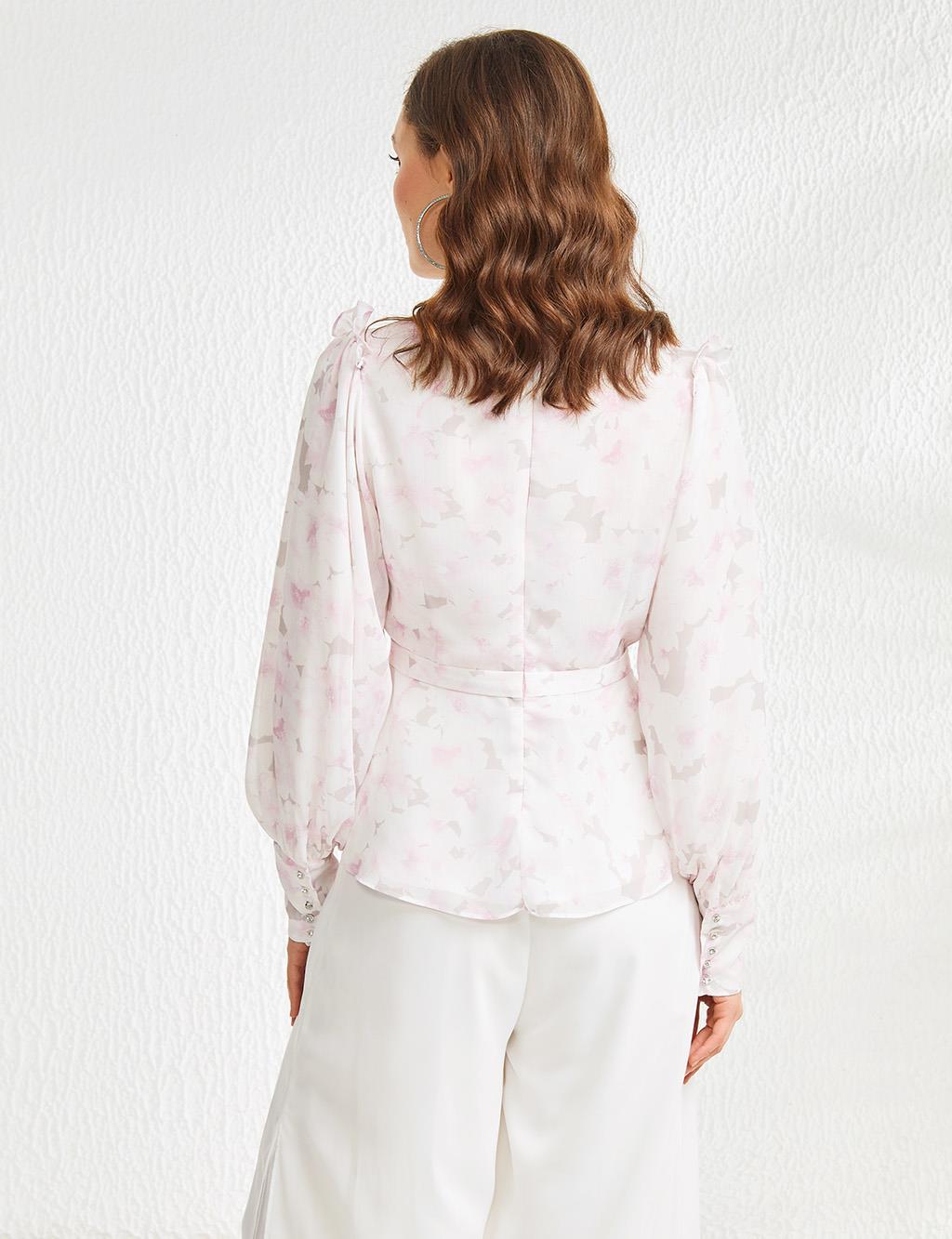 Floral Patterned Pleated Collar Blouse Powder