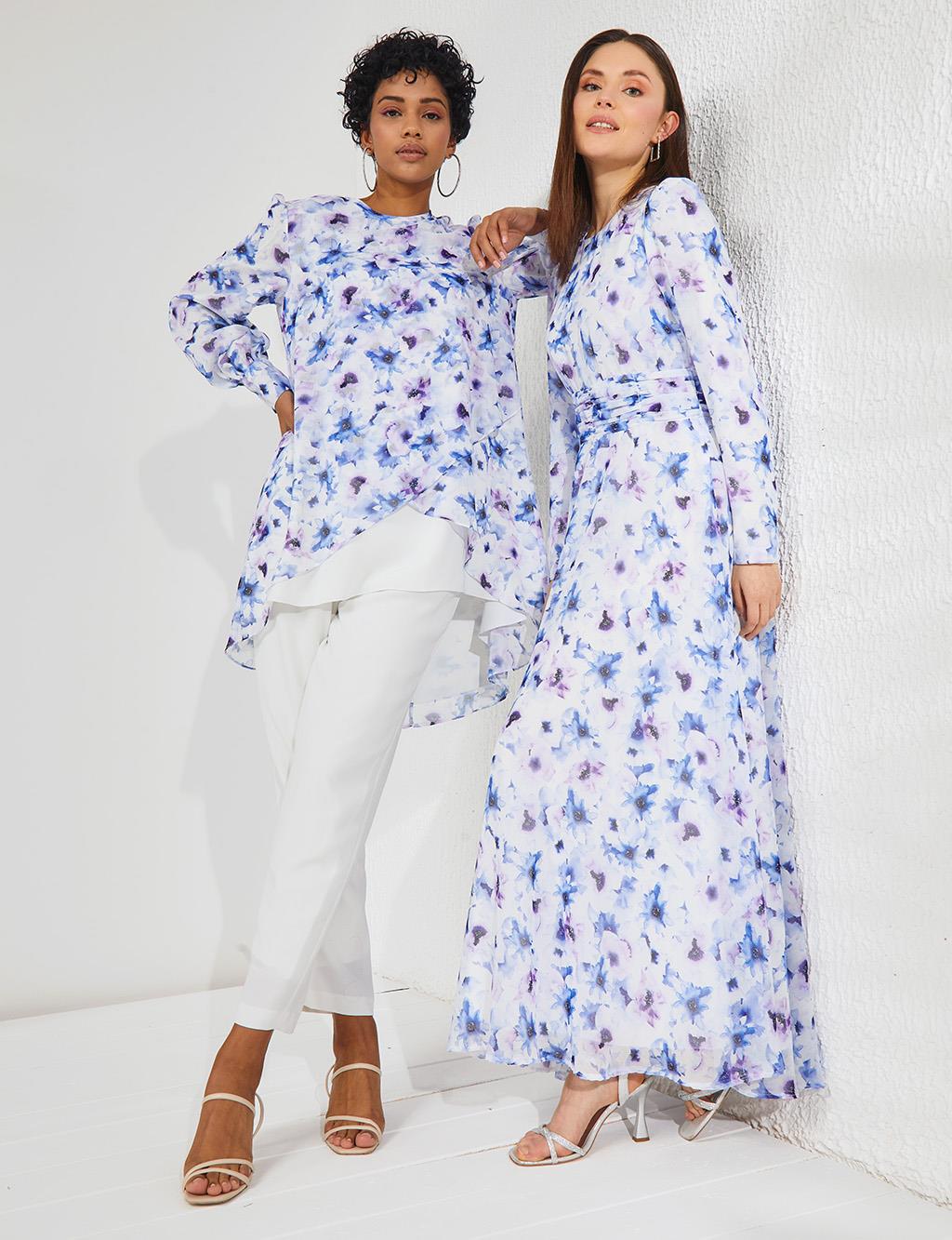 Floral Patterned Round Neck Collar Long Dress Parlement Blue