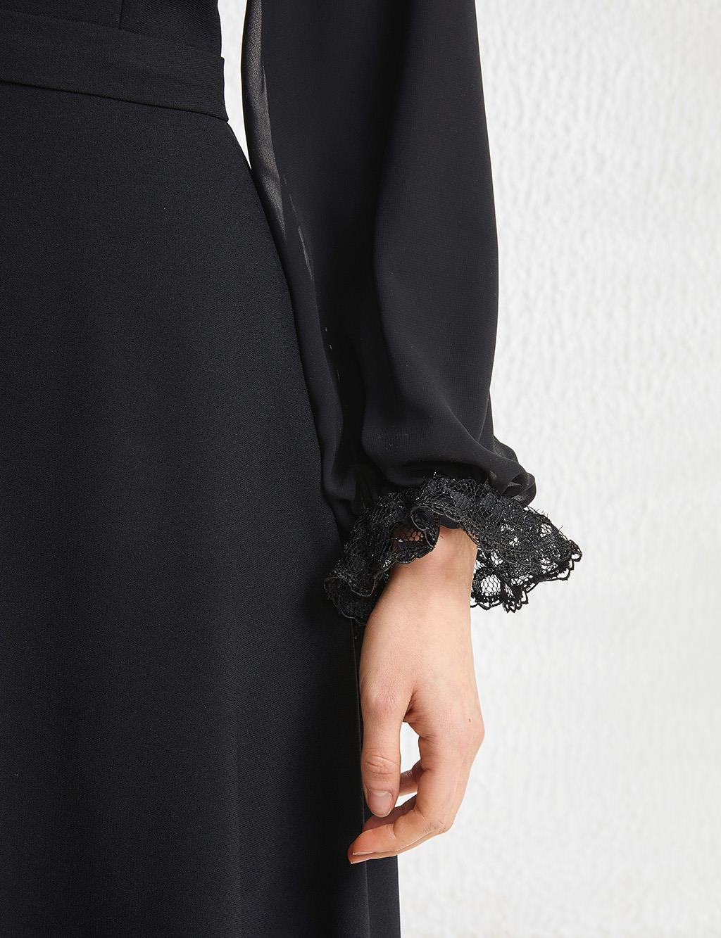 Lace Ribbon Collar Dress Black