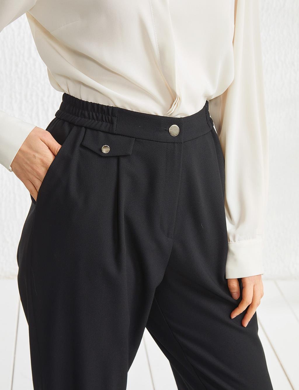 Elastic Waist Pleated Fabric Pants Black
