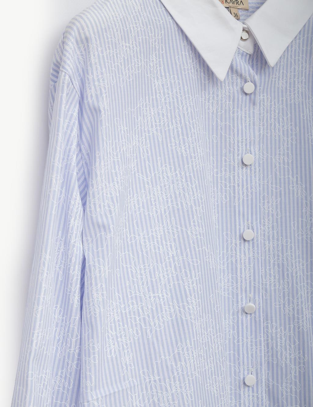 Striped Shirt Collar Tunic Light Blue-White