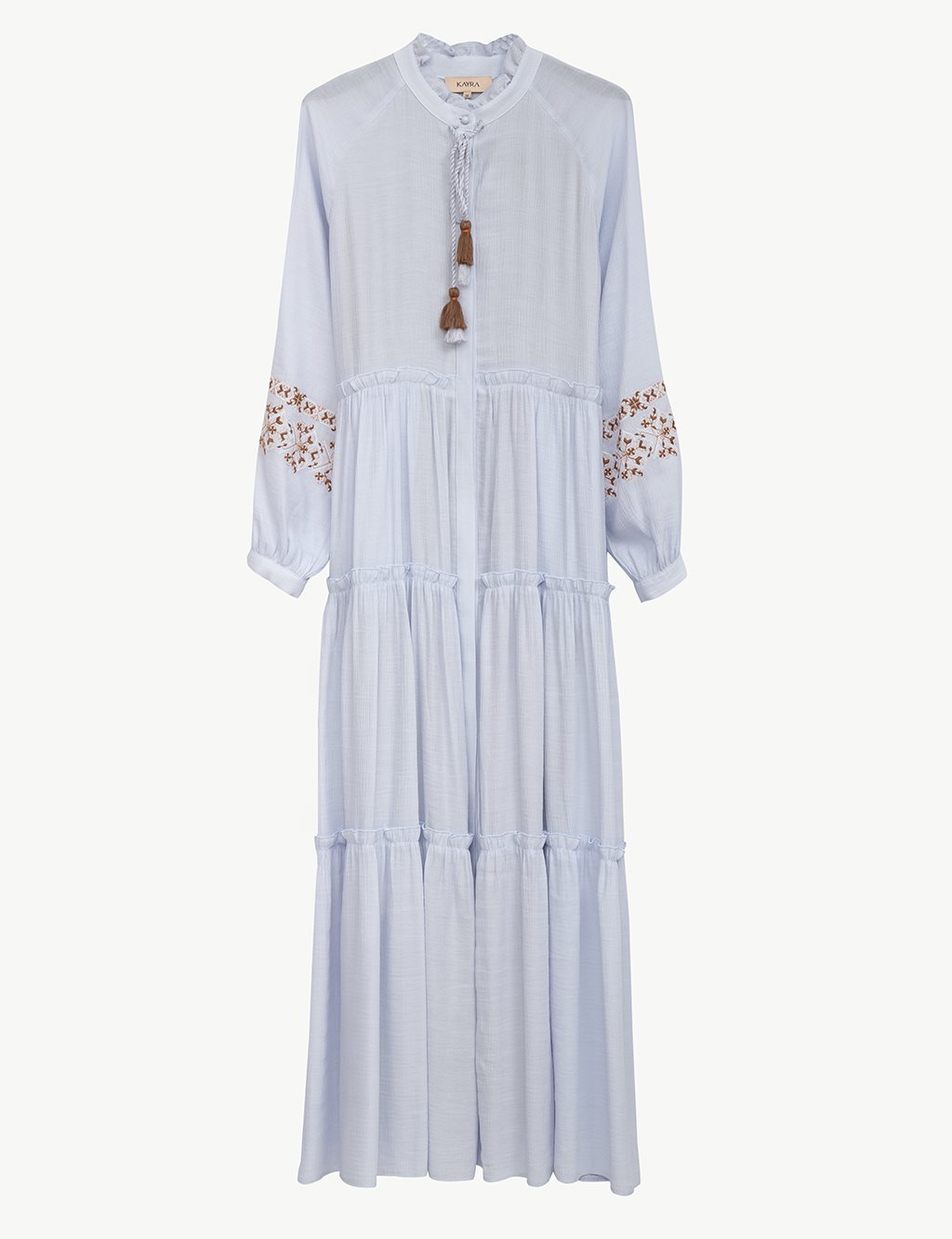 Embroidered Sleeves Pleated Collar Dress Light Blue