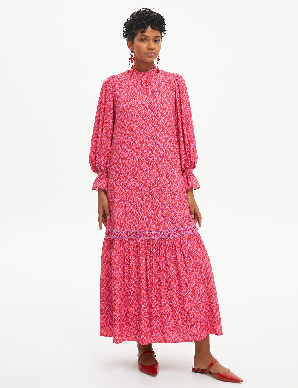 Pleated Ruched Collar Printed Dress Pink