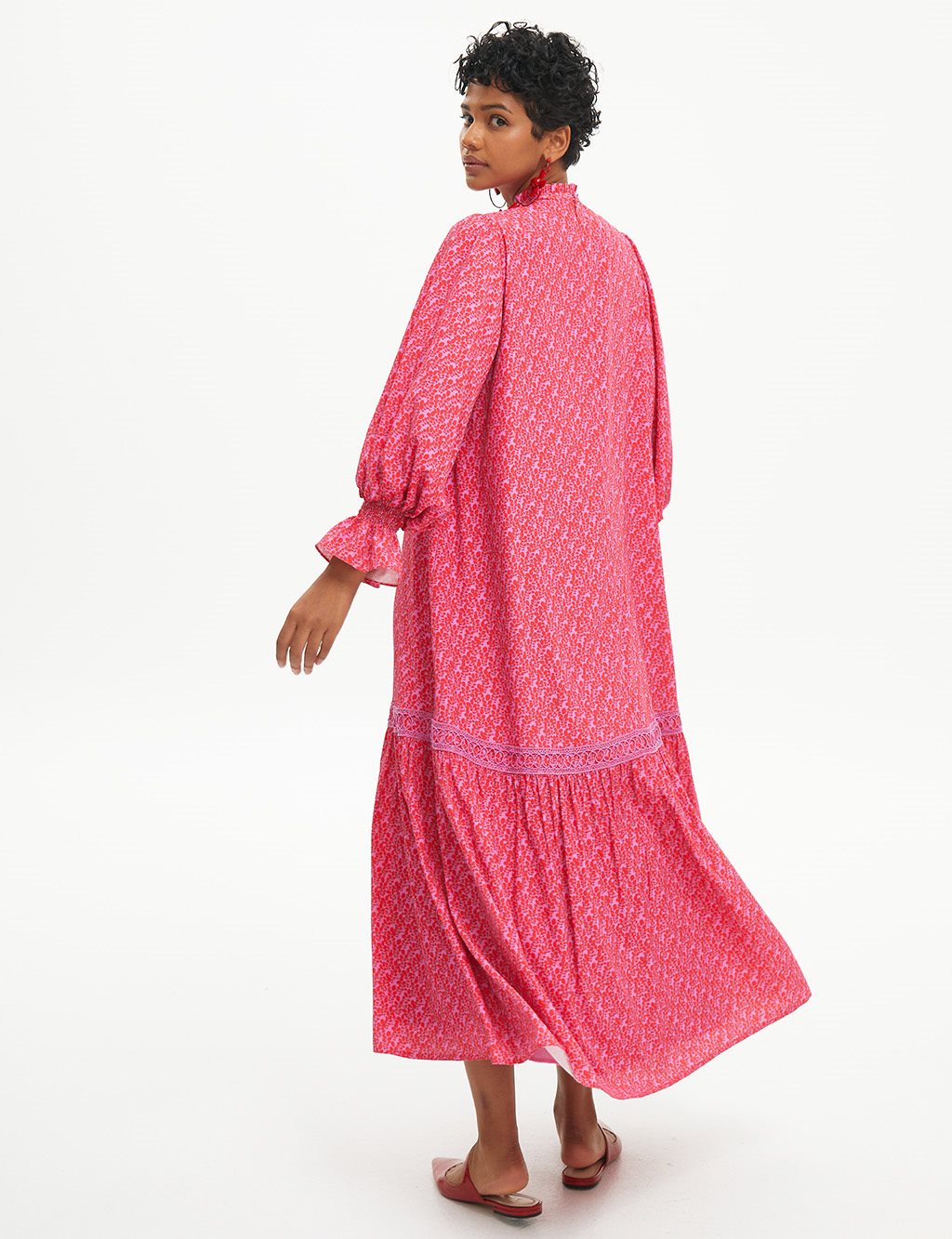 Pleated Ruched Collar Printed Dress Pink