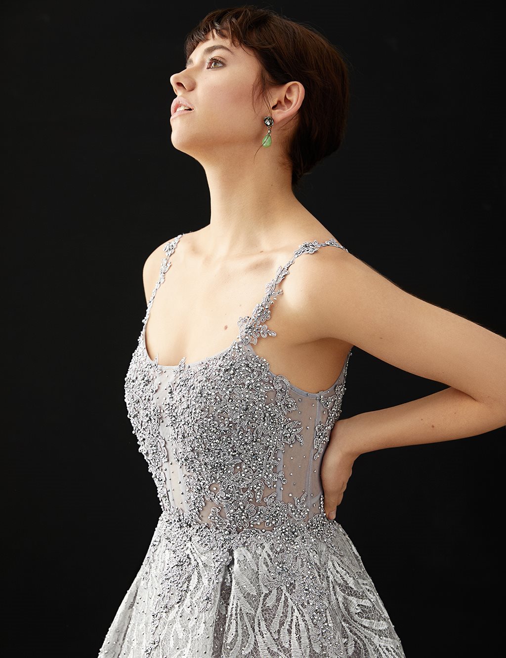 TIARA Guipure and Stone Embellished Suspended Evening Dress Lilac