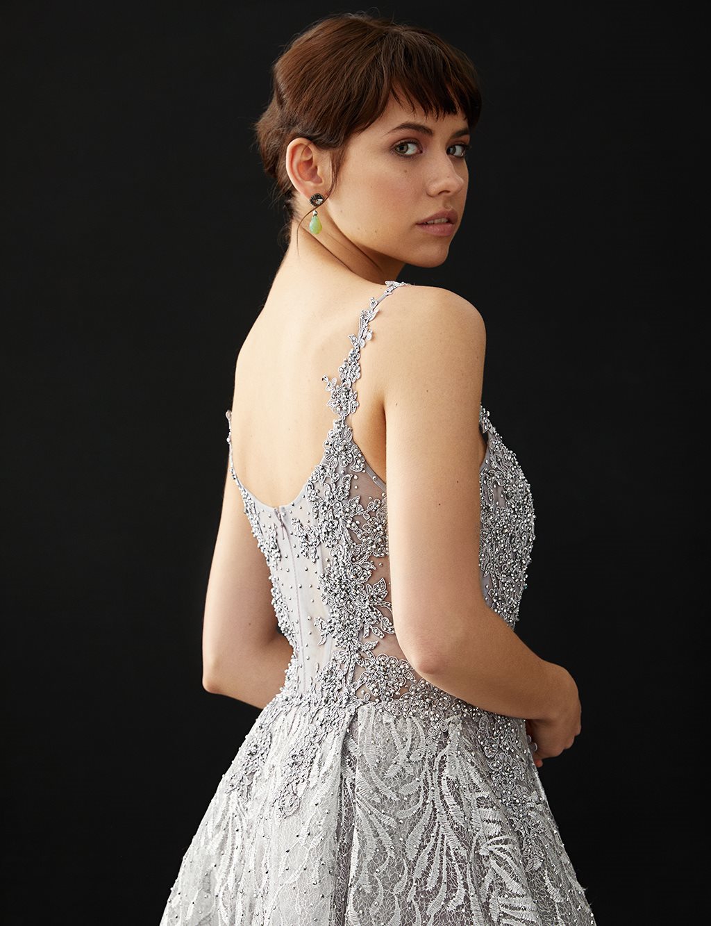 TIARA Guipure and Stone Embellished Suspended Evening Dress Lilac