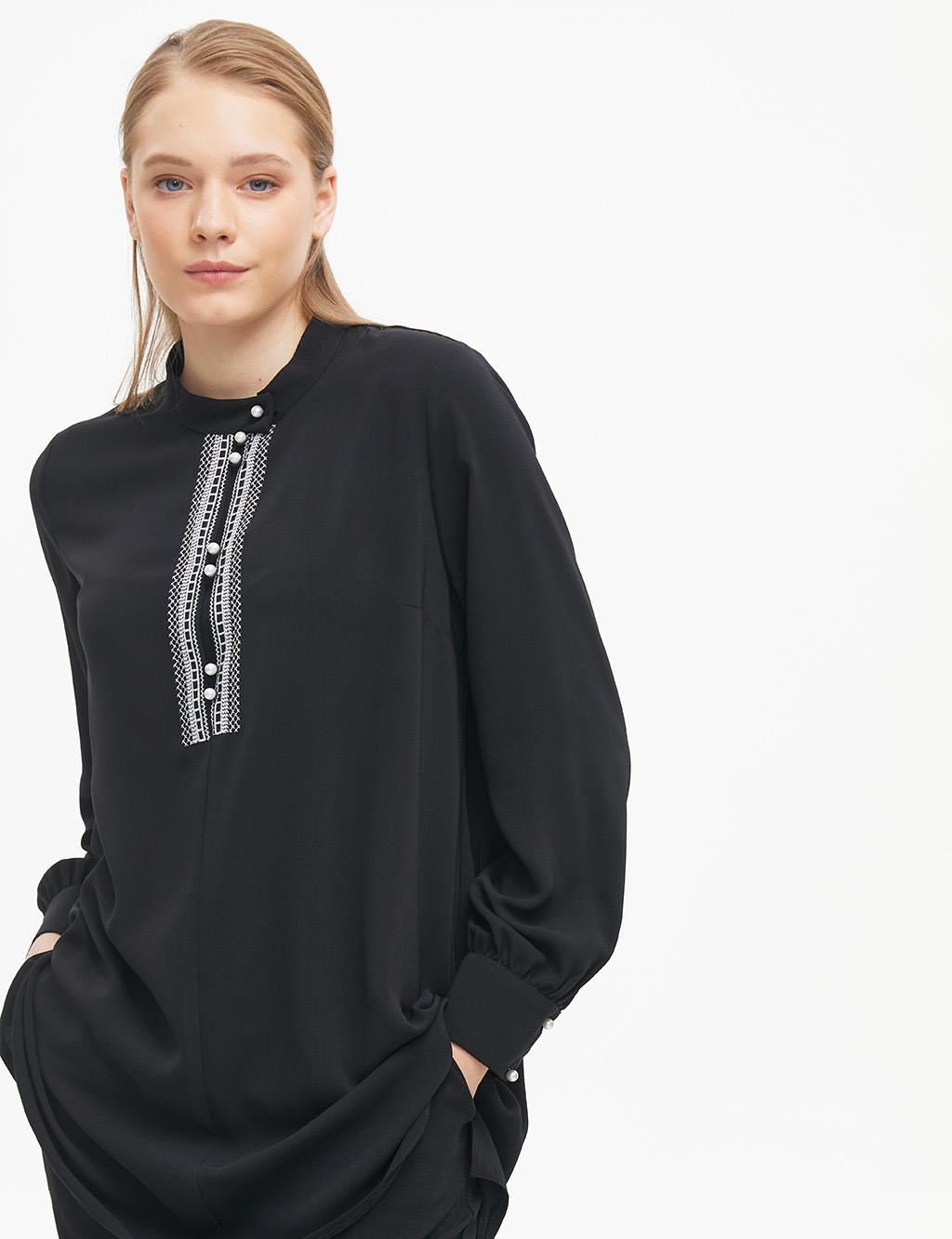 Embroidered Judge Collar Blouse Black