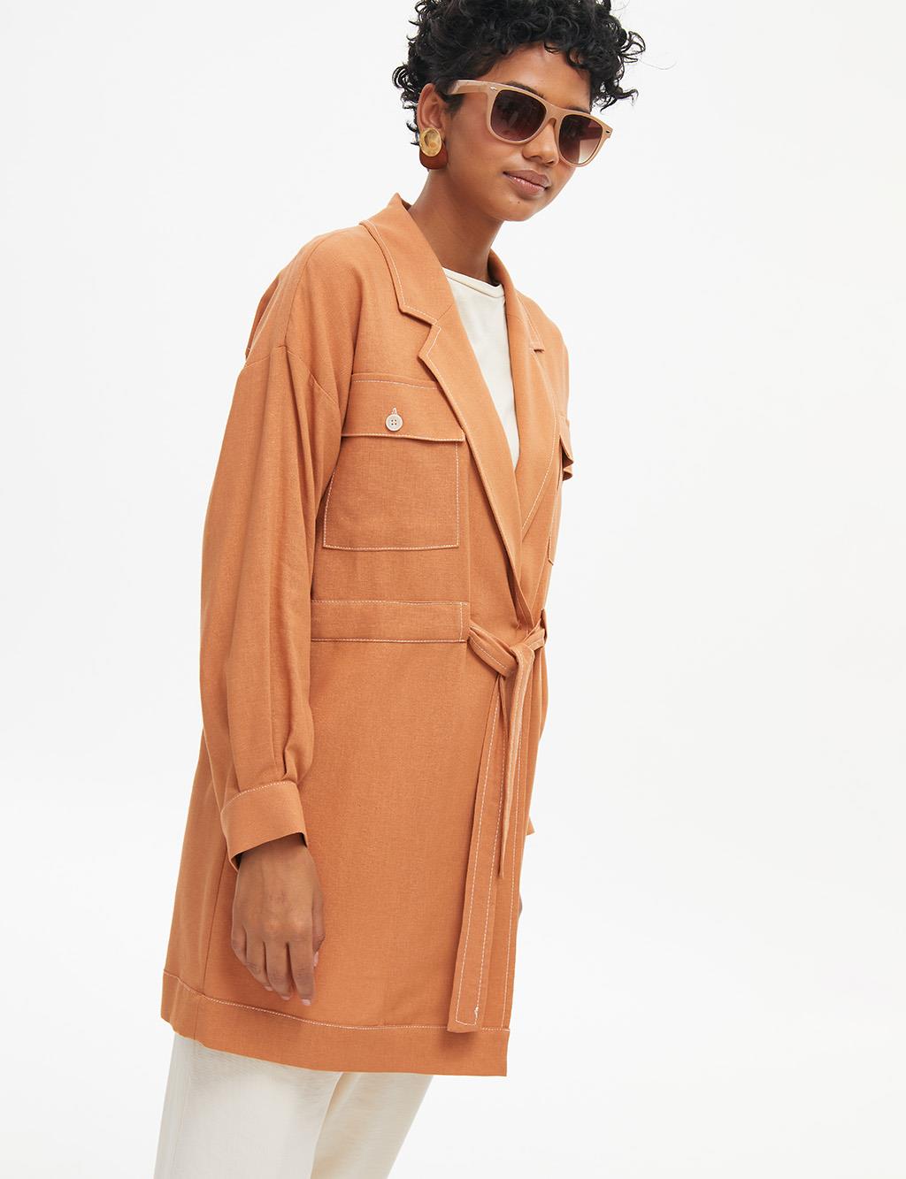 KYR Contrast Stitched Belted Jacket Clay