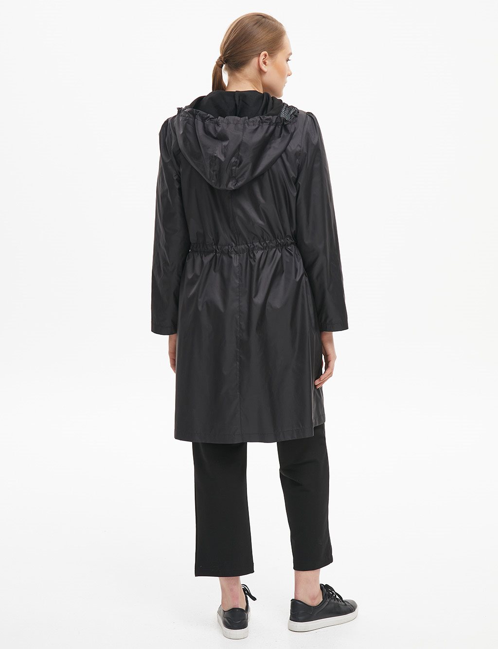 Pleated Hooded Trench Coat Black