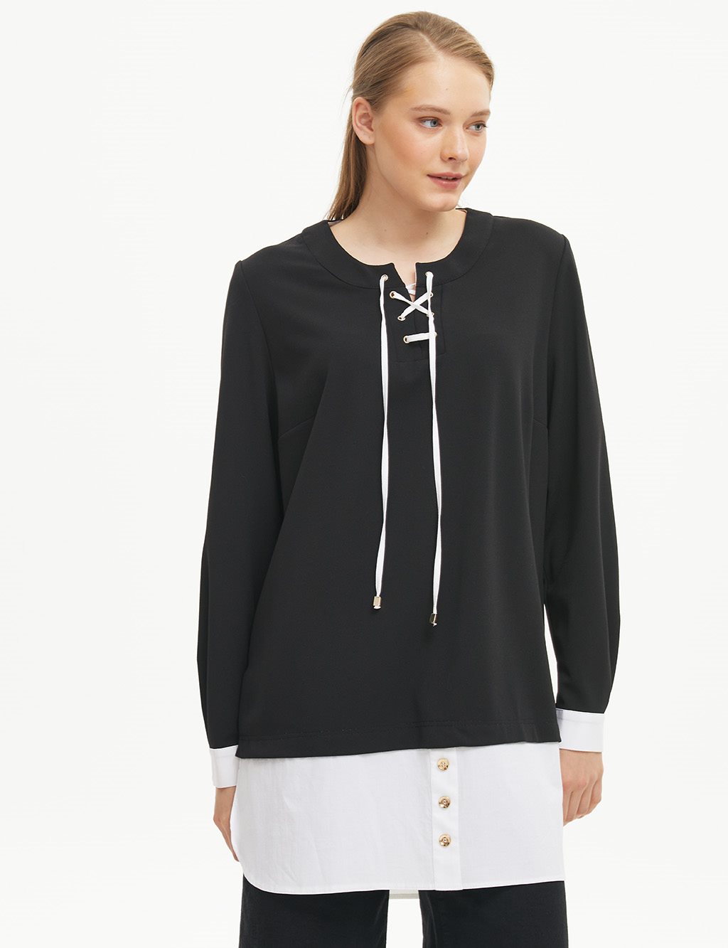 Layer Look Lace-Up Collar Tunic Black