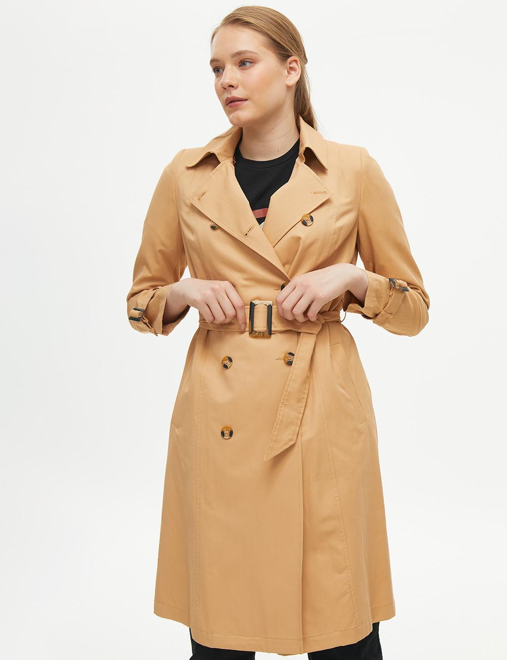 Ankle Epaulette Double Buttoned Trench Coat Beige