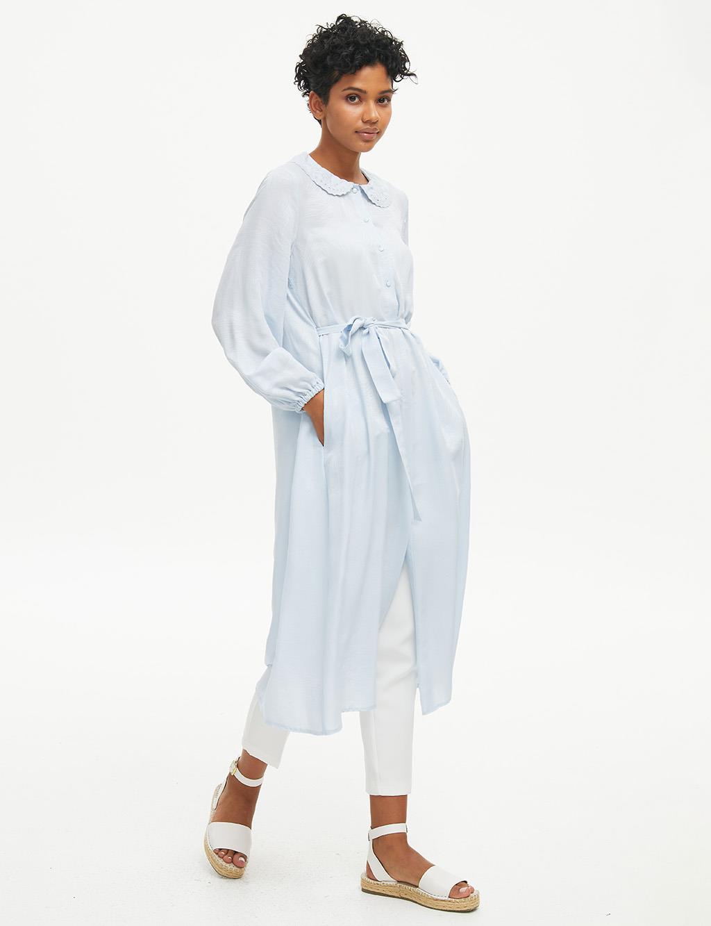 Belted Baby Collar Tunic Light Blue