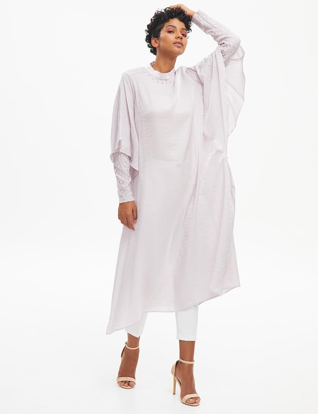 Low Sleeve Grandad Collar Full Length Tunic Powder