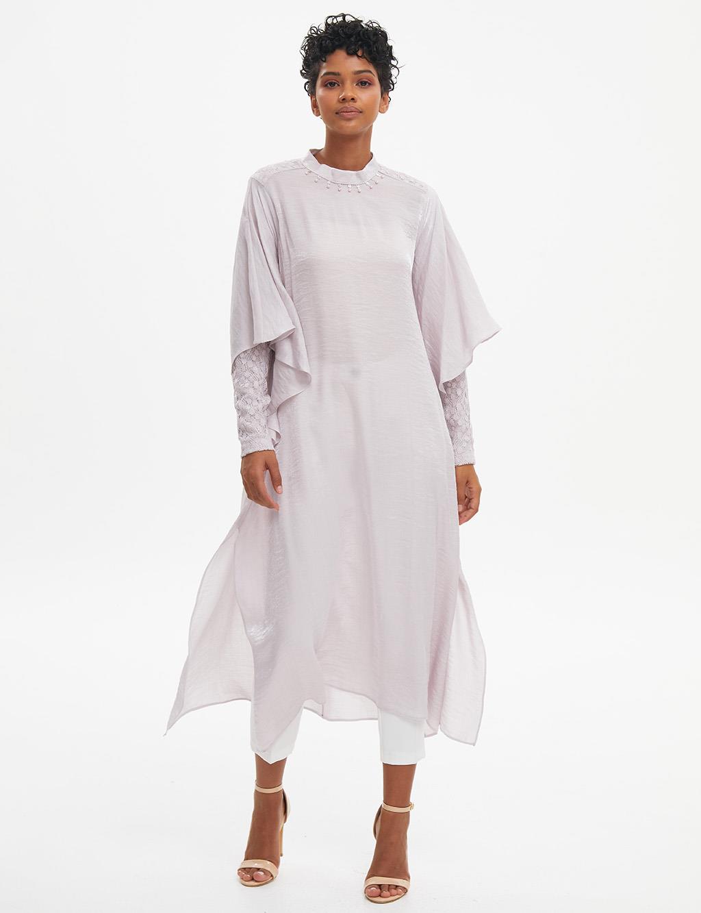 Low Sleeve Grandad Collar Full Length Tunic Powder