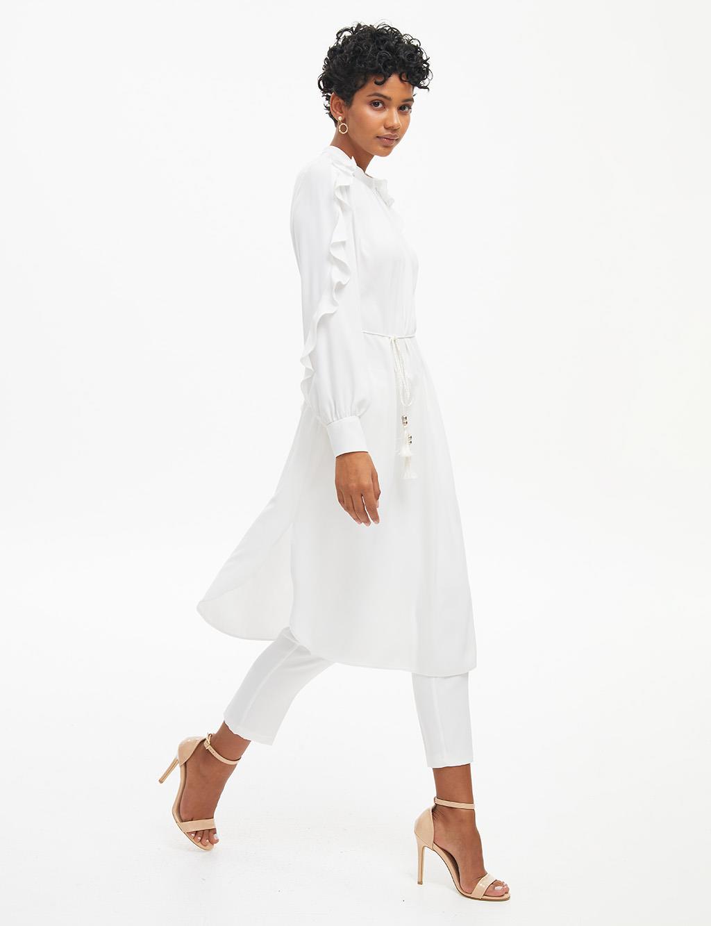 Rope Belted Grandad Collar Tunic White