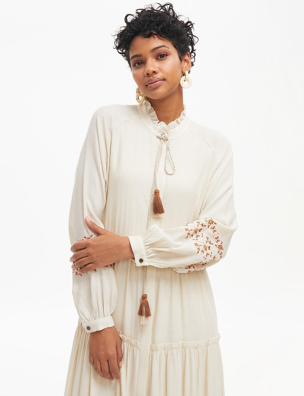 Embroidered Sleeves Pleated Collar Dress Cream