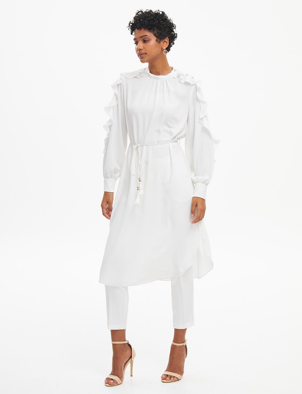 Rope Belted Grandad Collar Tunic White