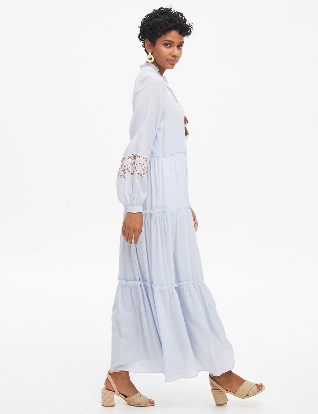 Embroidered Sleeves Pleated Collar Dress Light Blue