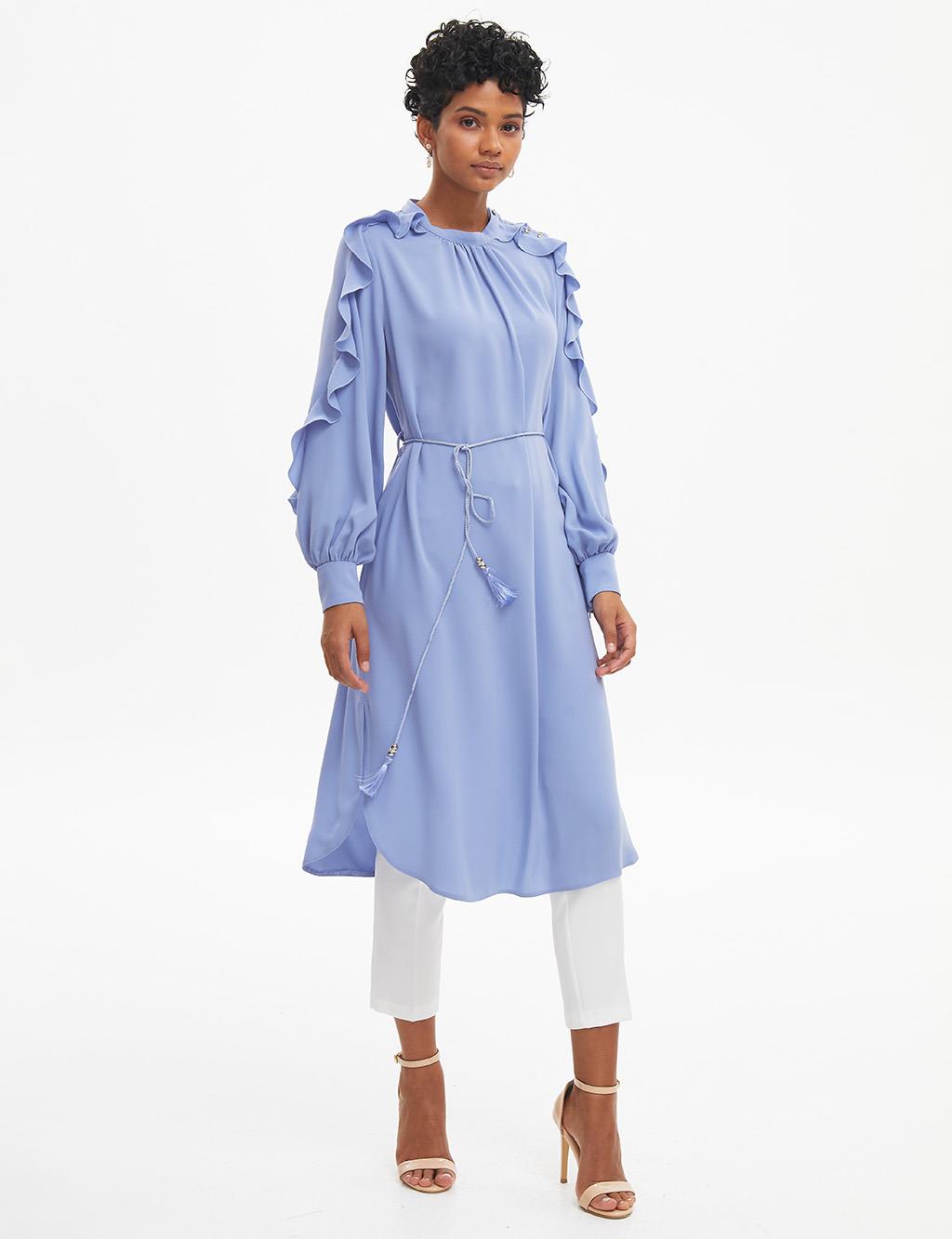 Rope Belted Grandad Collar Tunic Blue