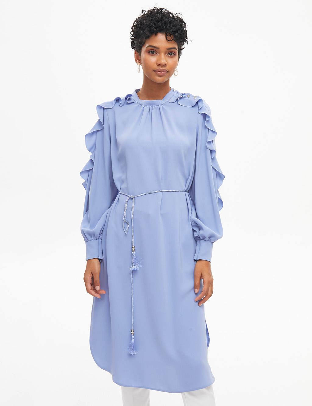 Rope Belted Grandad Collar Tunic Blue