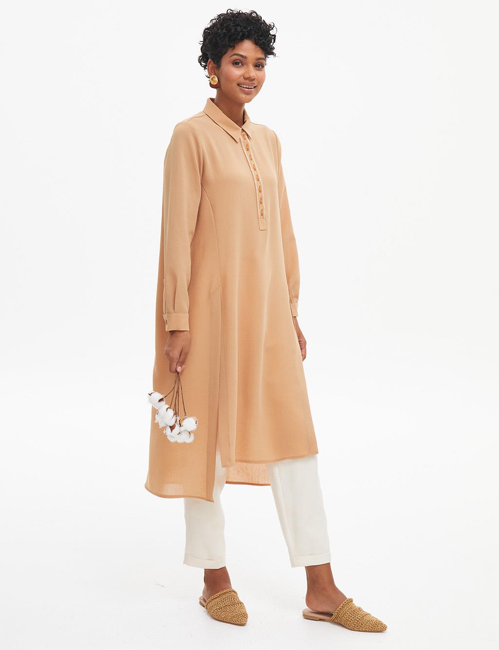 Slit Embroidered Tunic Beige