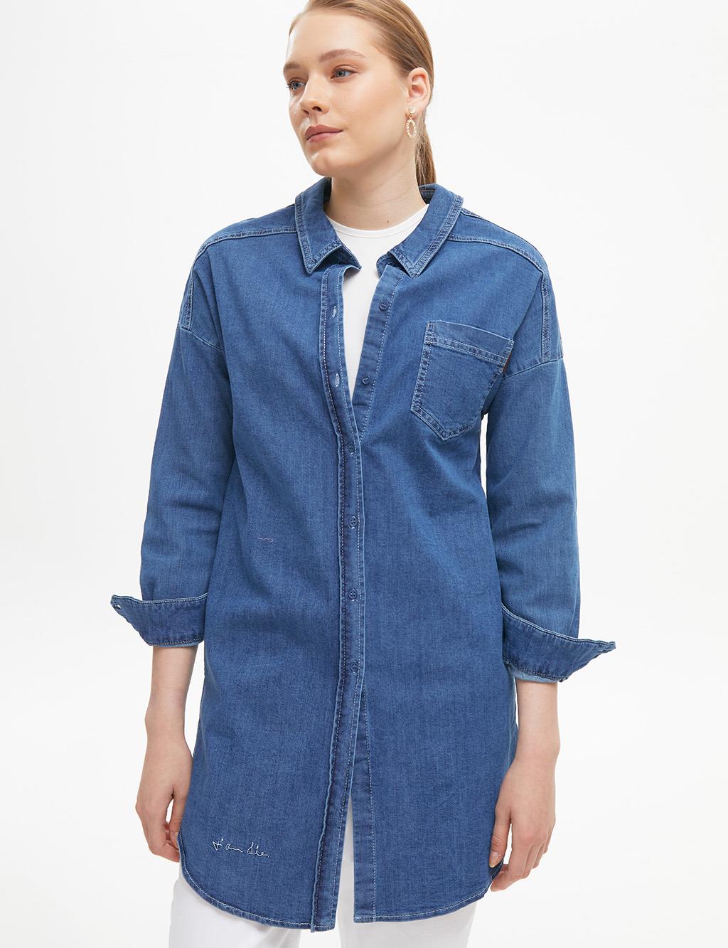 Düşük Kollu Gömlek Yaka Denim Tunik / Ceket Mavi