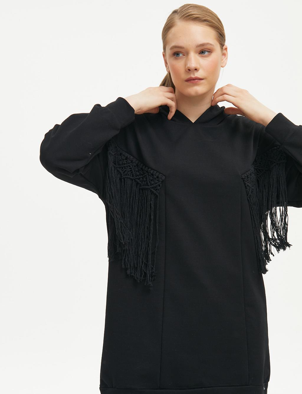 Knit Detailed Hoodie Sweatshirt Black