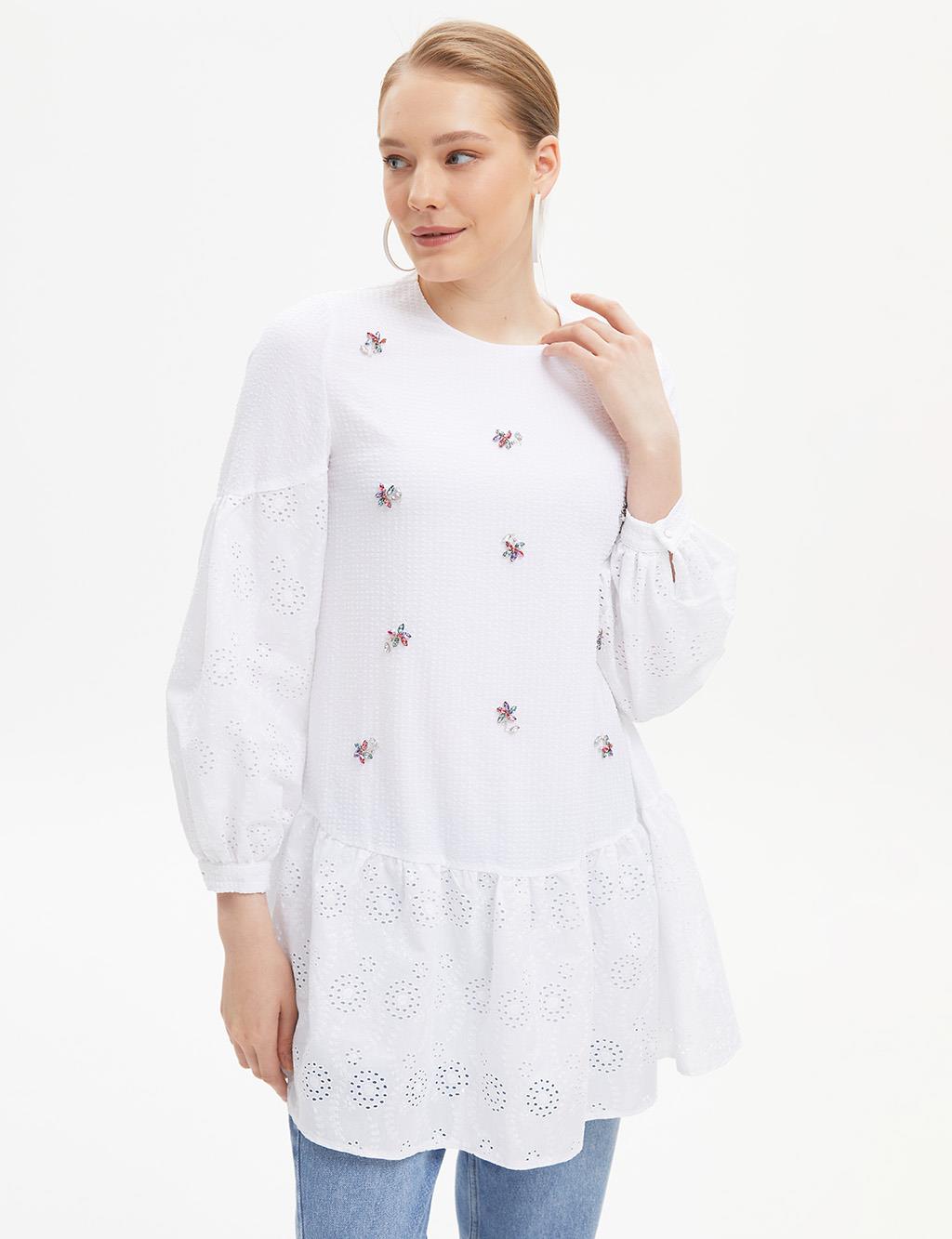Bead Embroidered Scalloped Tunic White