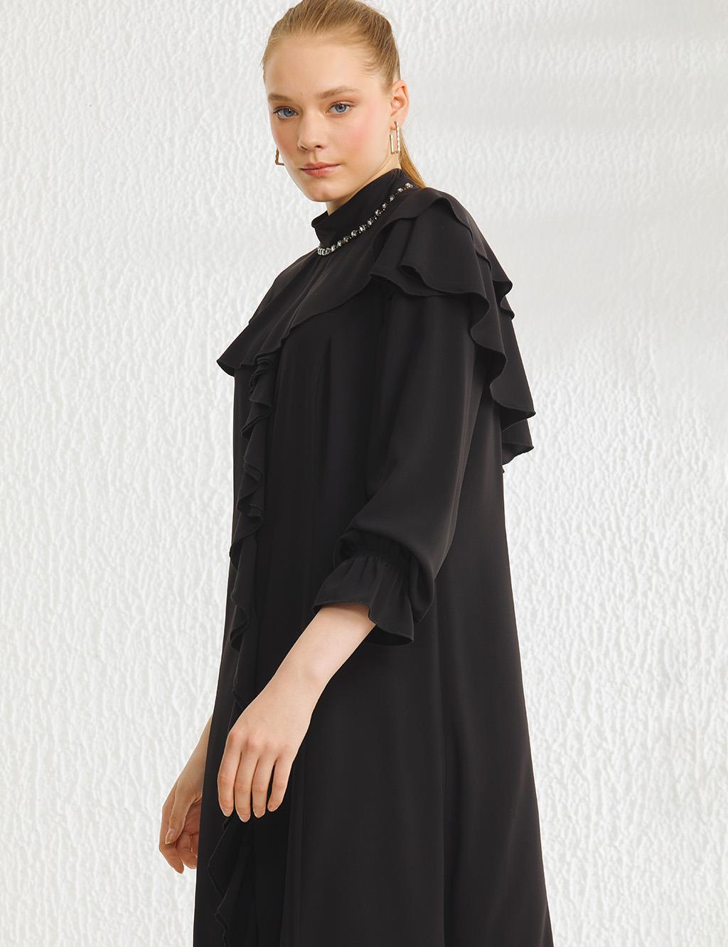 Frilly Grandad Collar Dress Black