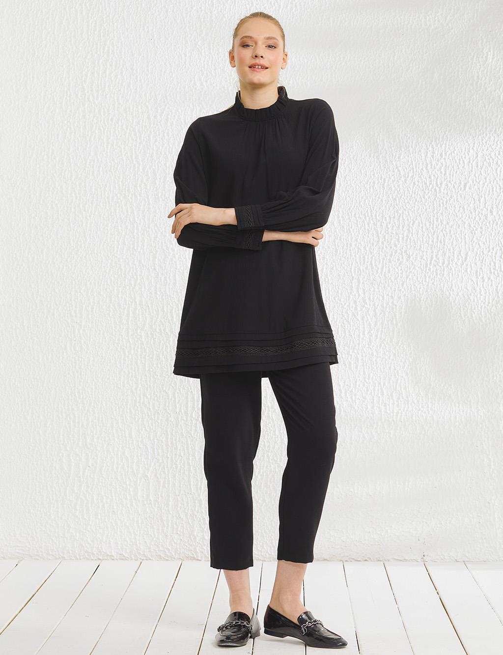 Guipure Ruched Collar Tunic Black