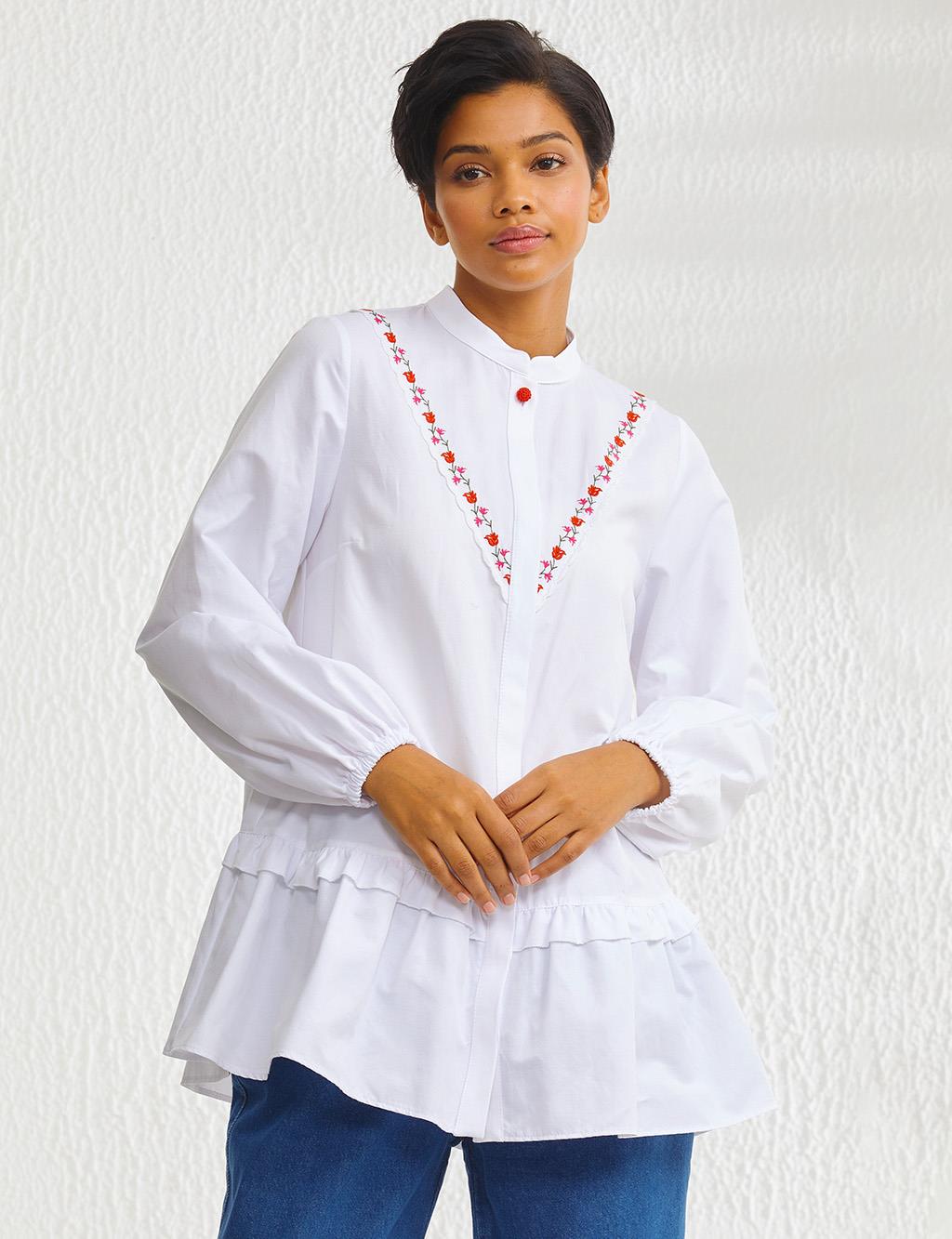Frilly Embroidered Balloon Sleeve Blouse White
