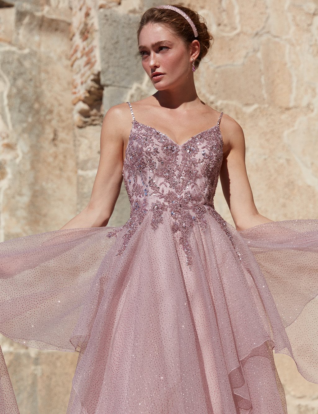 TIARA Thin Straps Embroidered Evening Dress Lilac