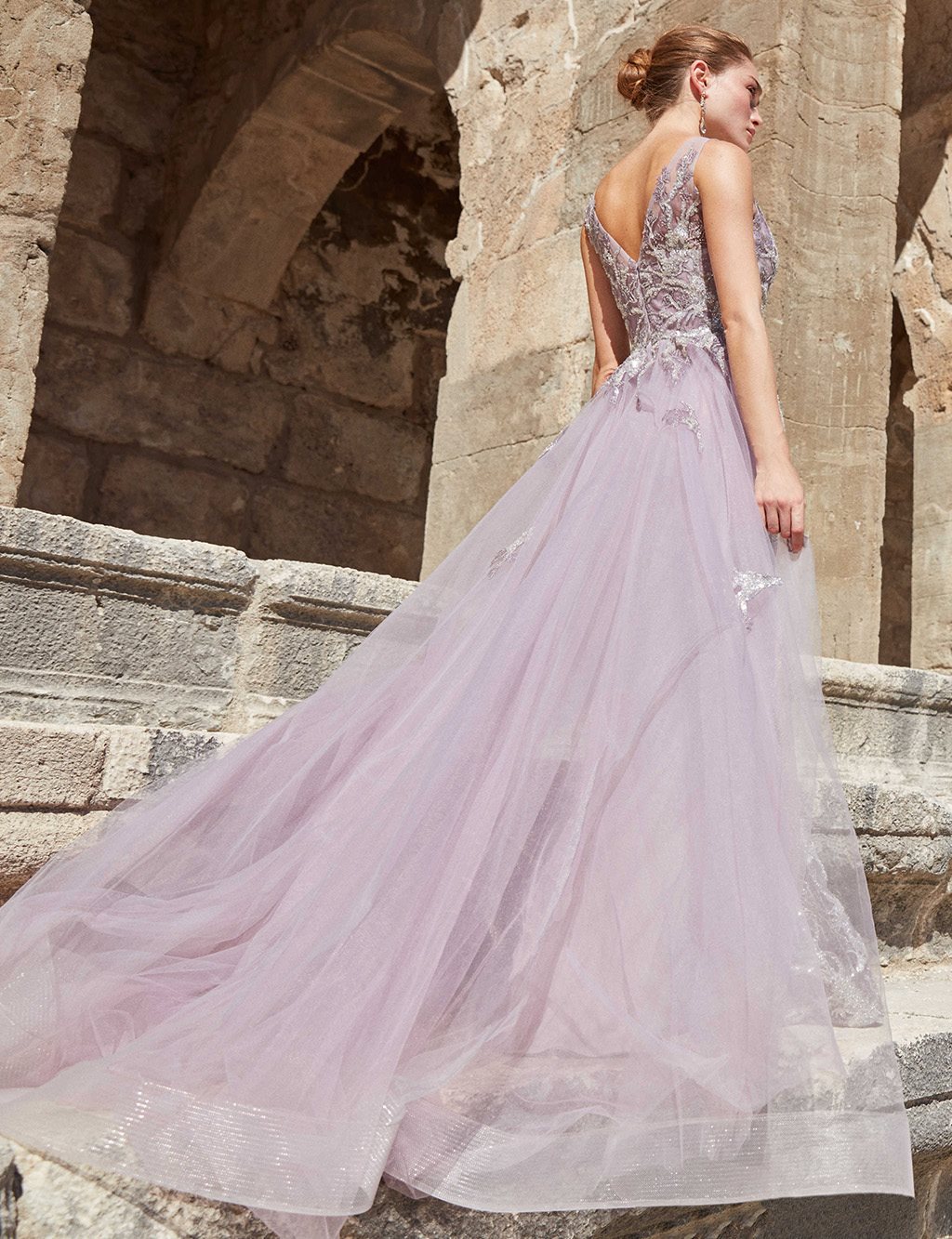 TIARA Low-Cut Back Evening Dress With Tail Pastel Lilac