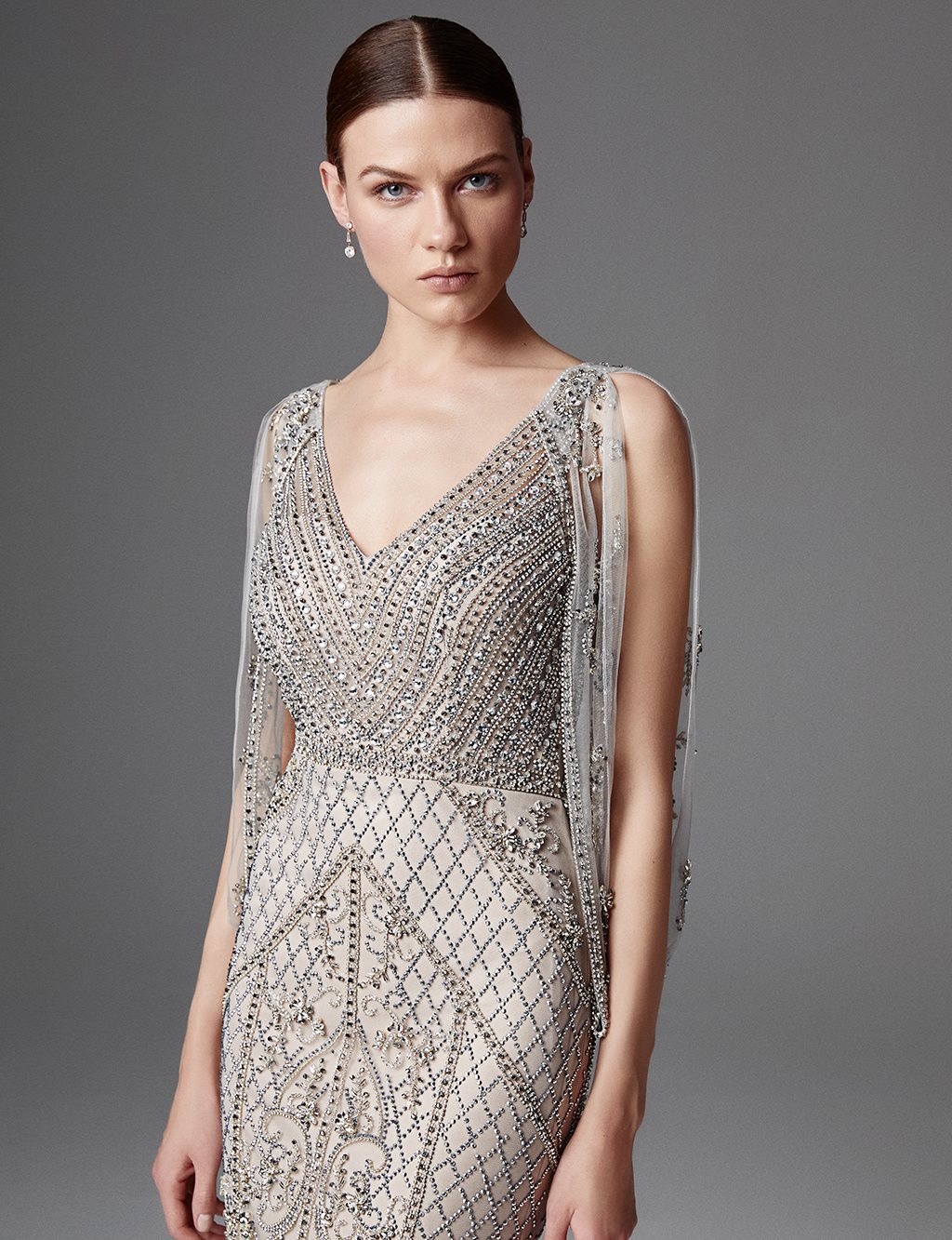 TIARA Organze Detaylı İşlemeli V Yaka Abiye Vizon